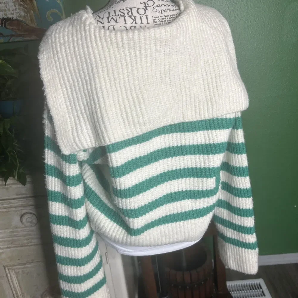 Women’s Green And White Striped Sweater By Sincerely Jules Size L